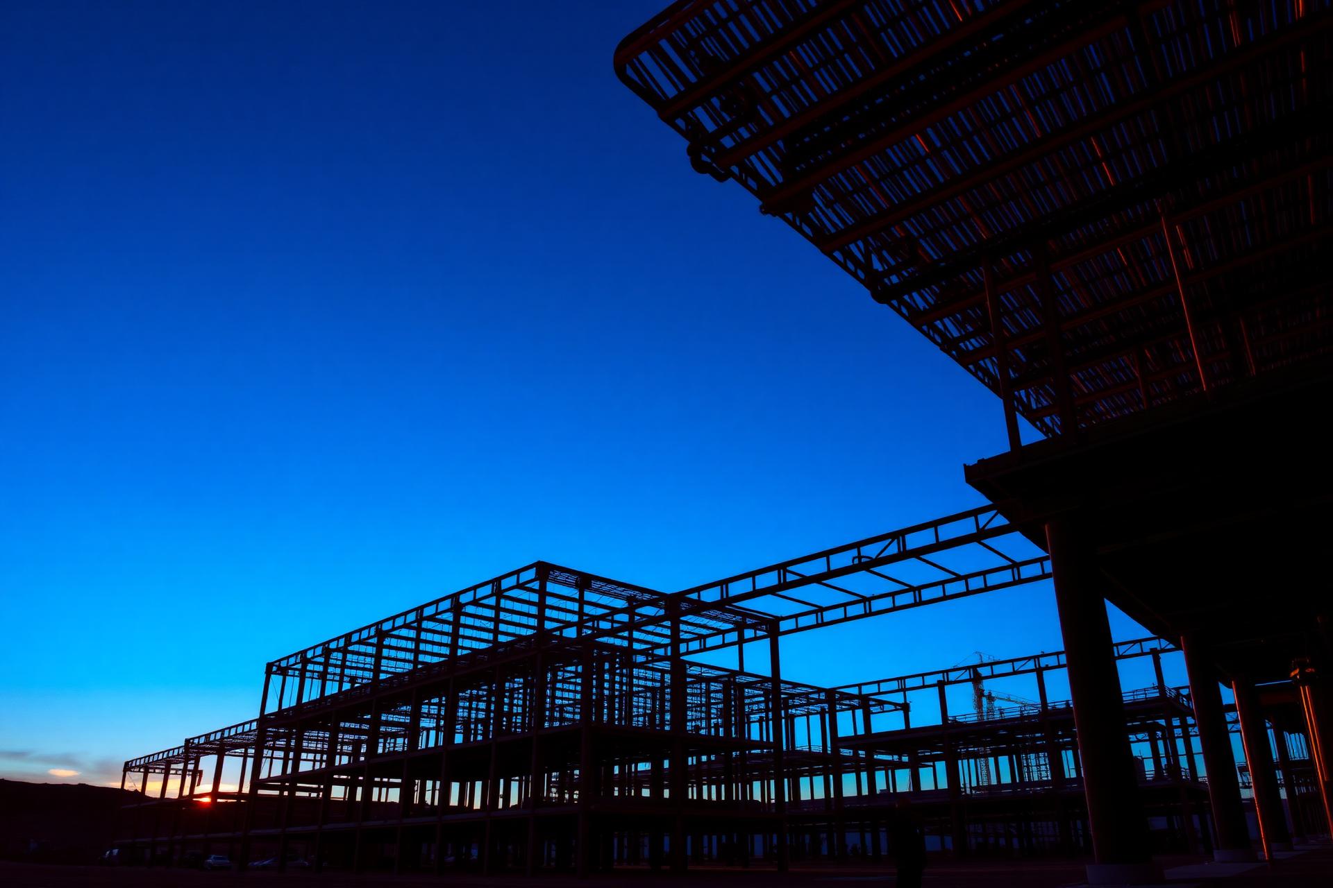 Modern steel framed commercial construction site at dusk